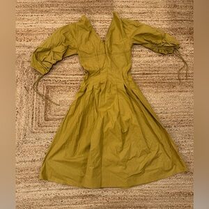 Sea New York Mustard Midi Dress | Lace-Up Corset Waist | Puff Sleeve Dress